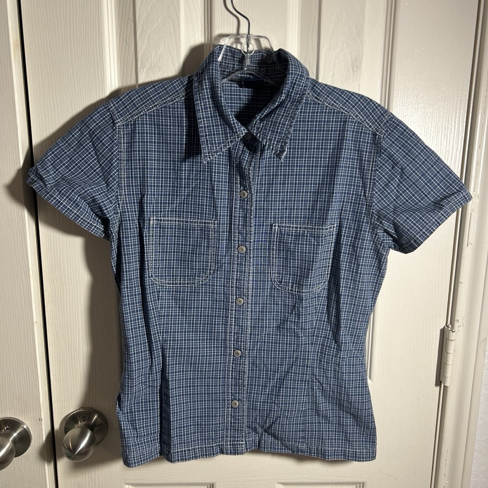 GAP Y2K  Plaid Metal Snap Button Short Sleeve Shirt Size Small Blue Vtg